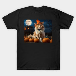 A lovely orange angora witch cat on Halloween T-Shirt